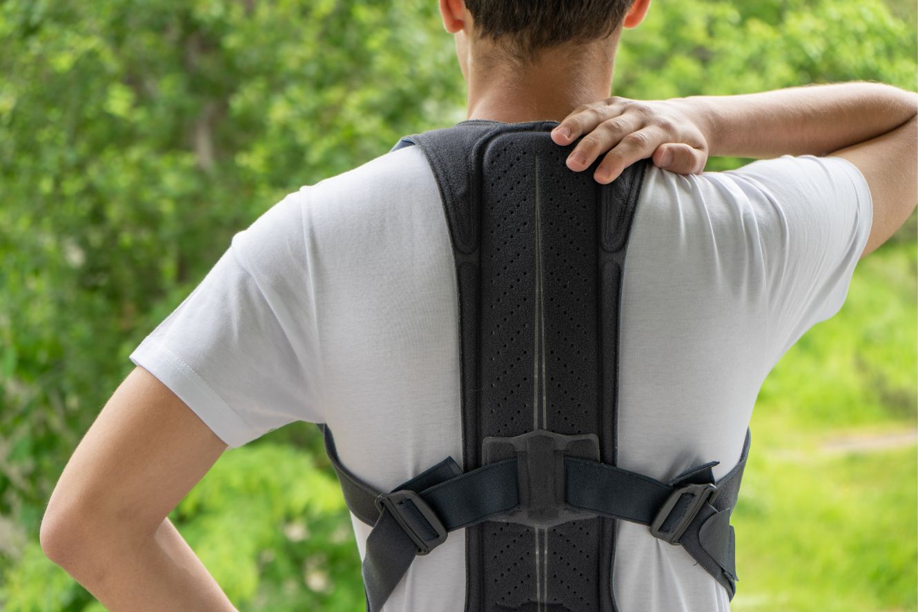 Man wearing corrective back brace for shoulder and joint pain relief.