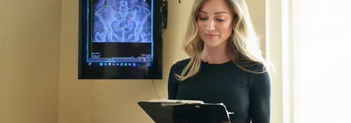 Dr. Alyssa Kurth reviewing a chart and x-rays after a functional assessment