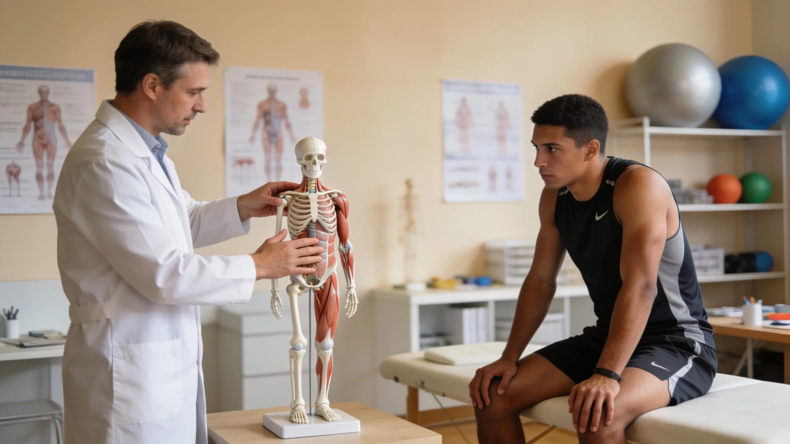 Clinician demonstrating rehabilitation techniques to an athlete to emphasize early intervention in sports injury recovery.