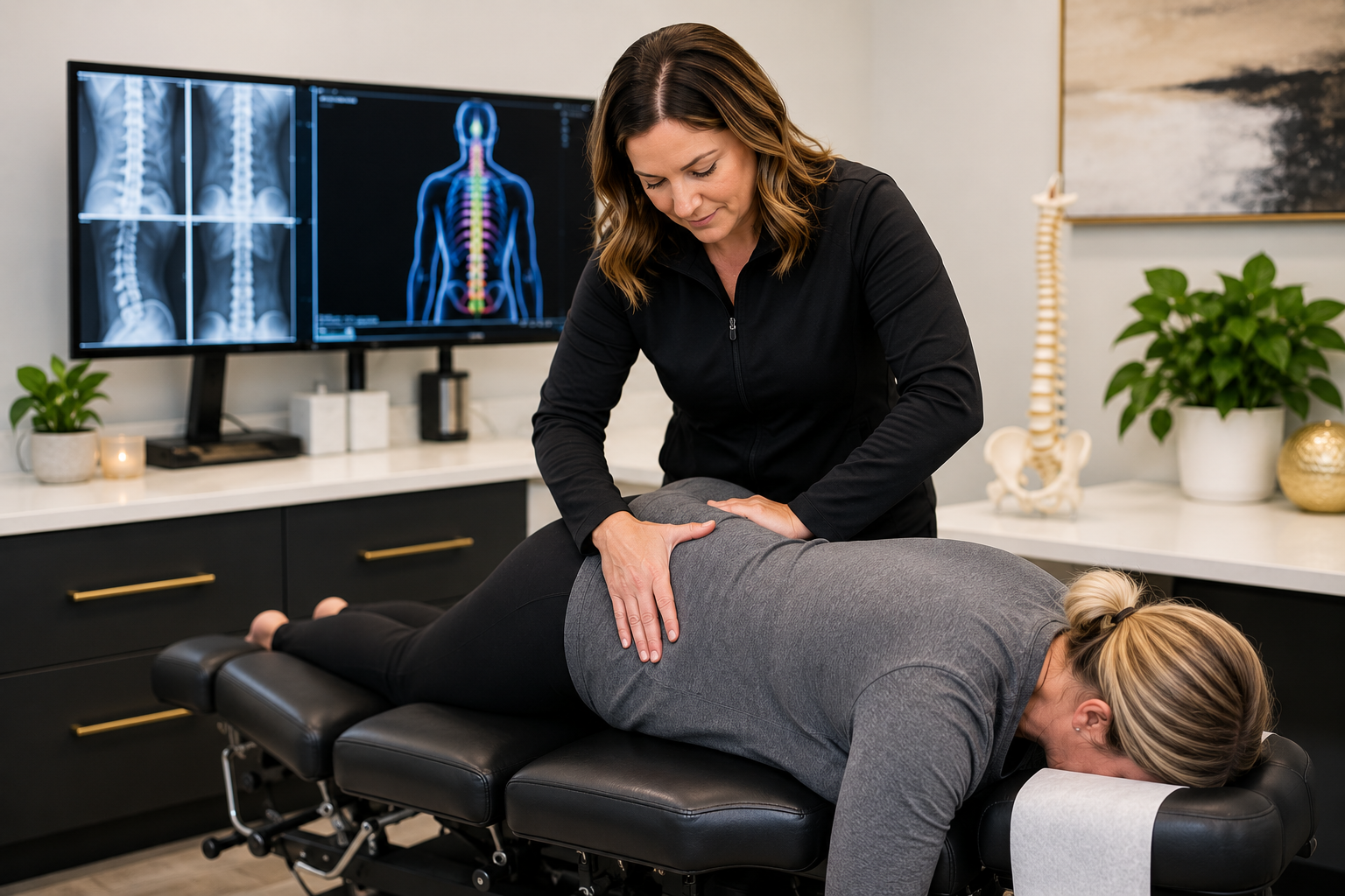 Chiropractor performing a spinal adjustment on a patient during an affordable chiropractic treatment session in Wilsonville, Oregon.