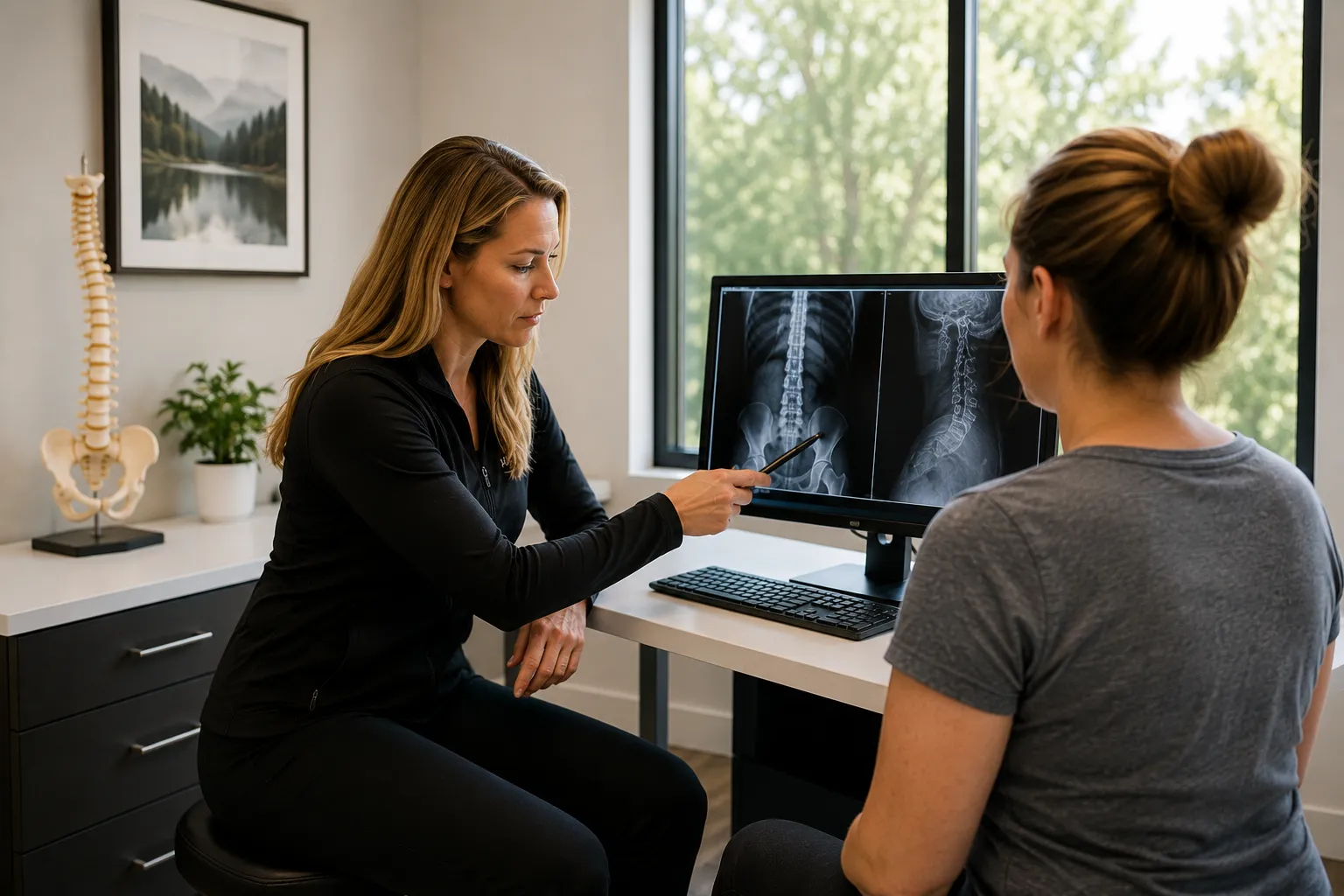 Chiropractic provider reviewing spinal X-rays with a patient during a diagnostic evaluation for back pain and personalized treatment planning in Wilsonville, Oregon.
