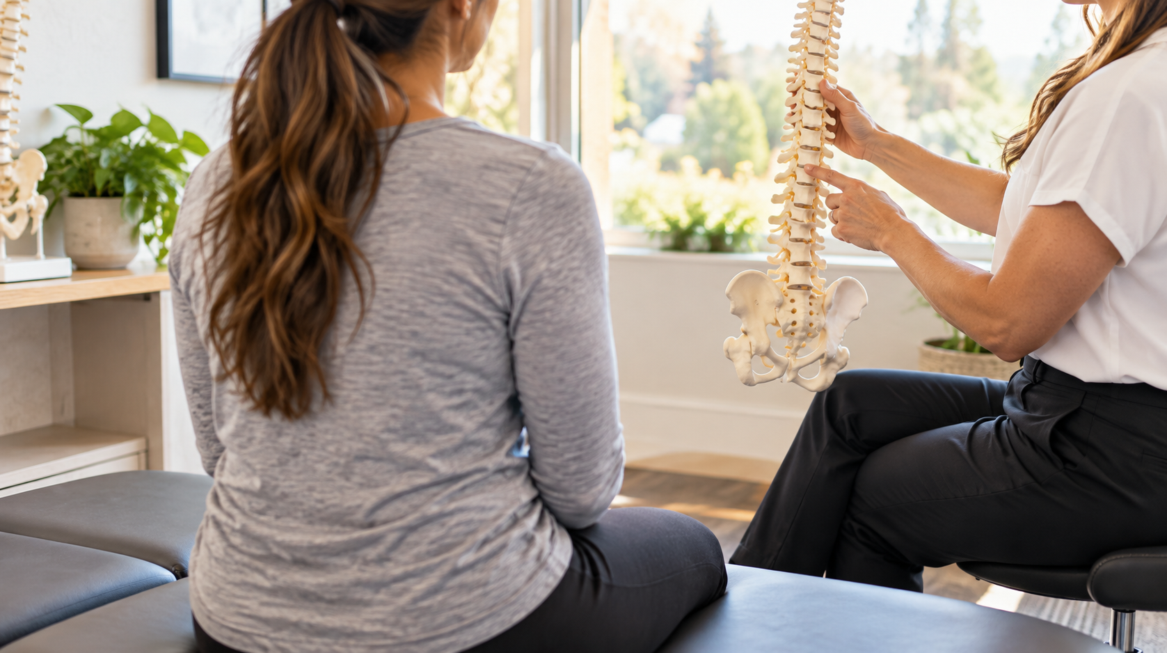 Chiropractor examining patient's spine with anatomical model, illustrating conservative care for back and joint pain