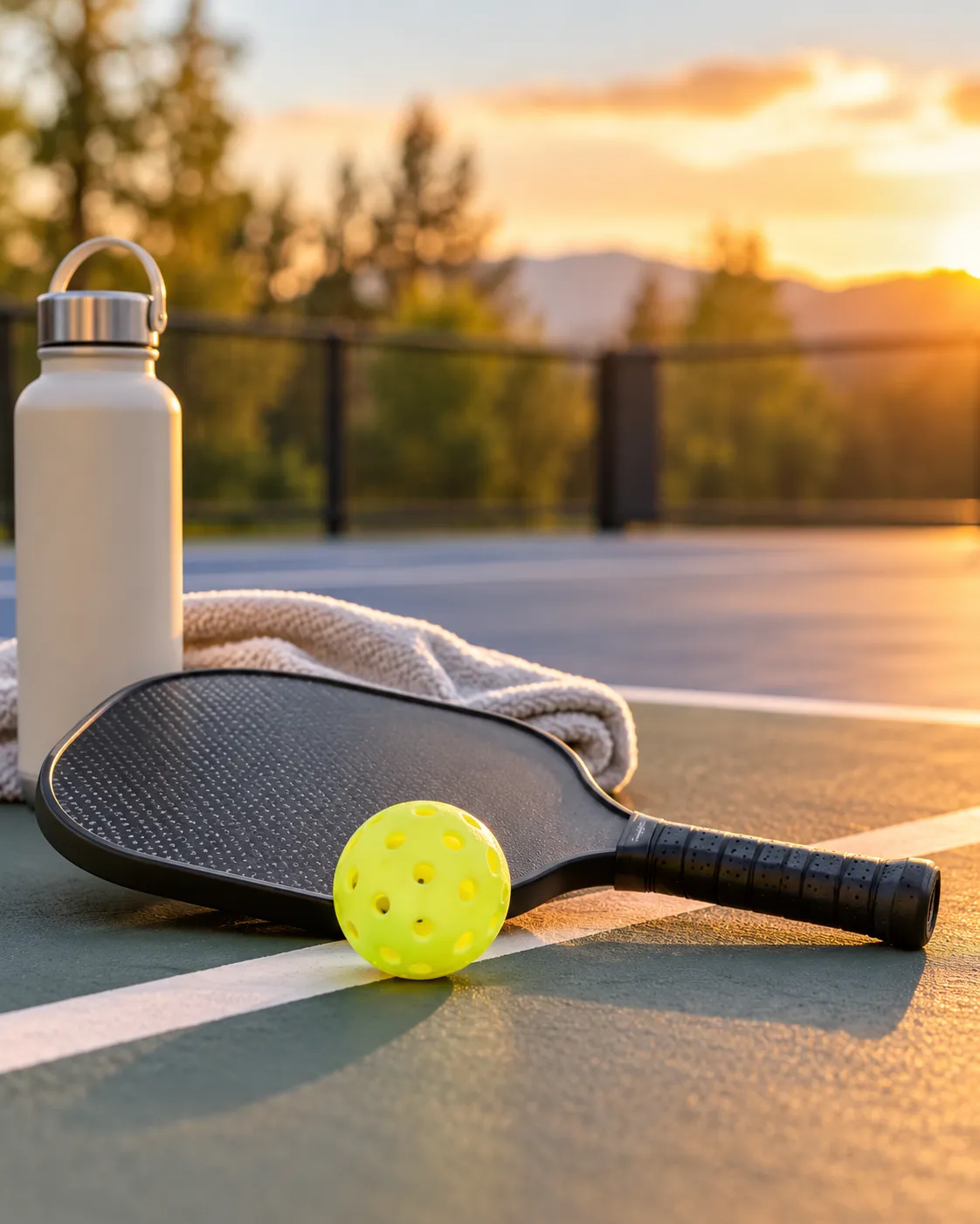 Pickleball paddle and ball on an outdoor court at golden hour